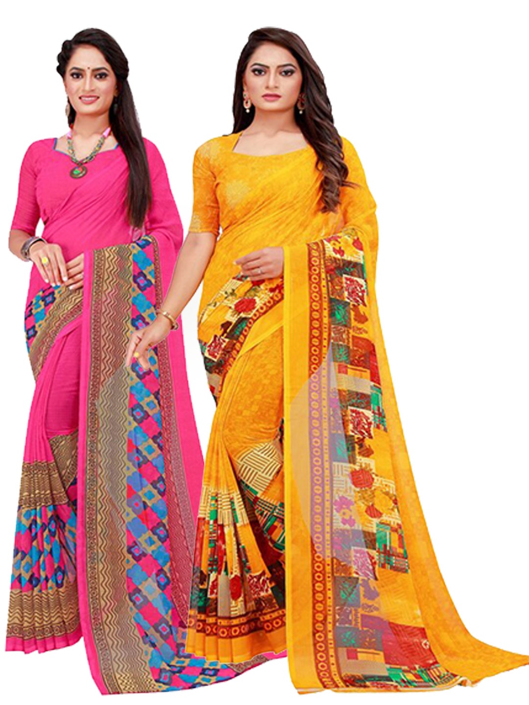 

Florence Pack Of 2 Magenta & Yellow Pure Georgette Saree