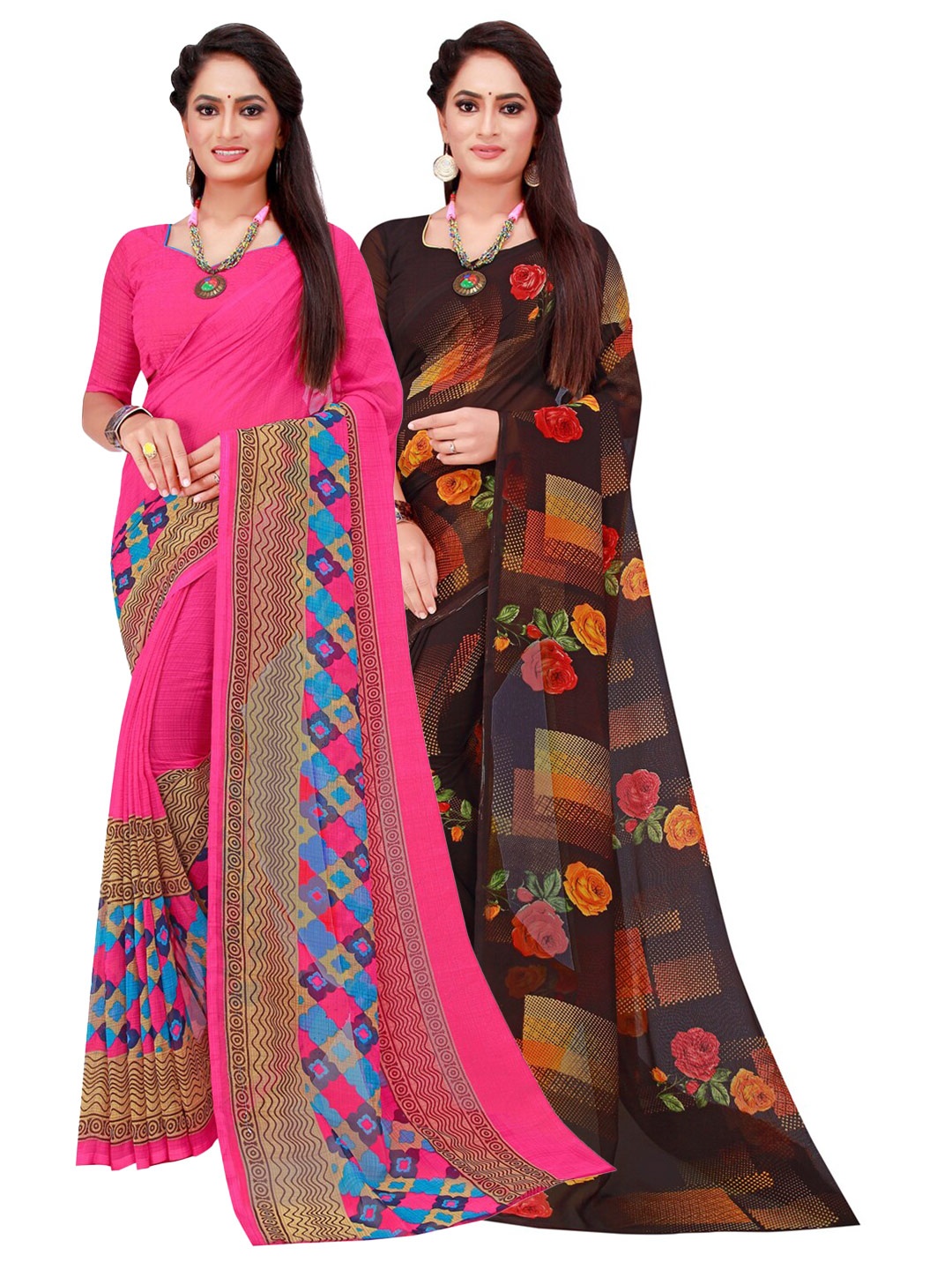 

Florence Pink & Brown Pack Of 2 Printed Pure Georgette Sarees
