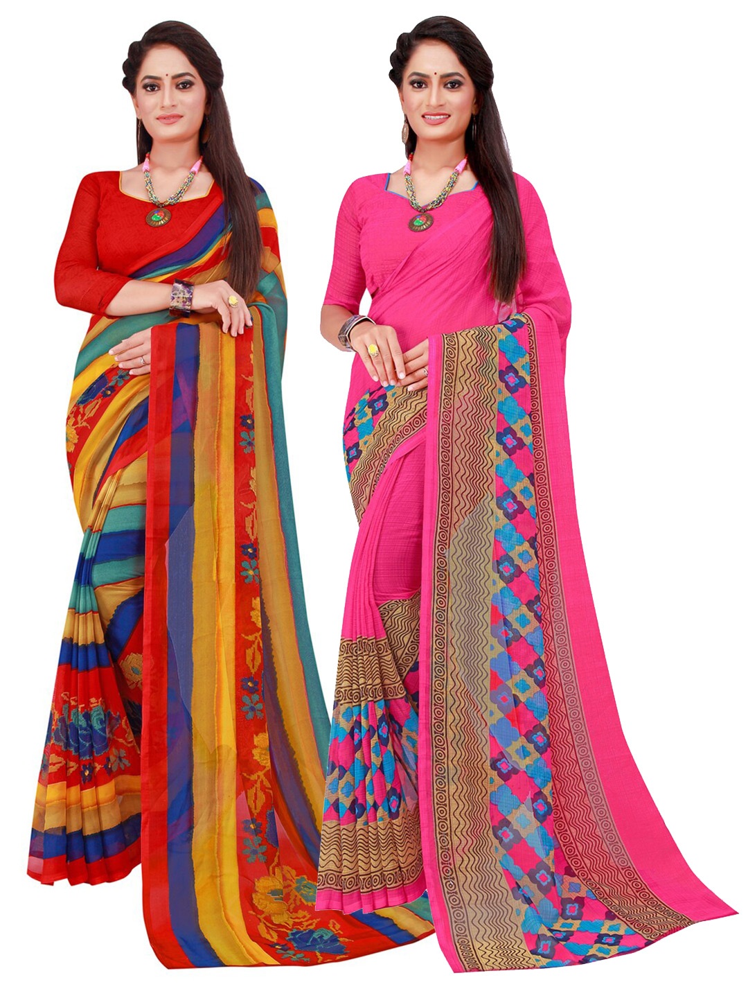 Florence Pack of 2 Multicoloured & Magenta Pure Georgette Saree, Multi