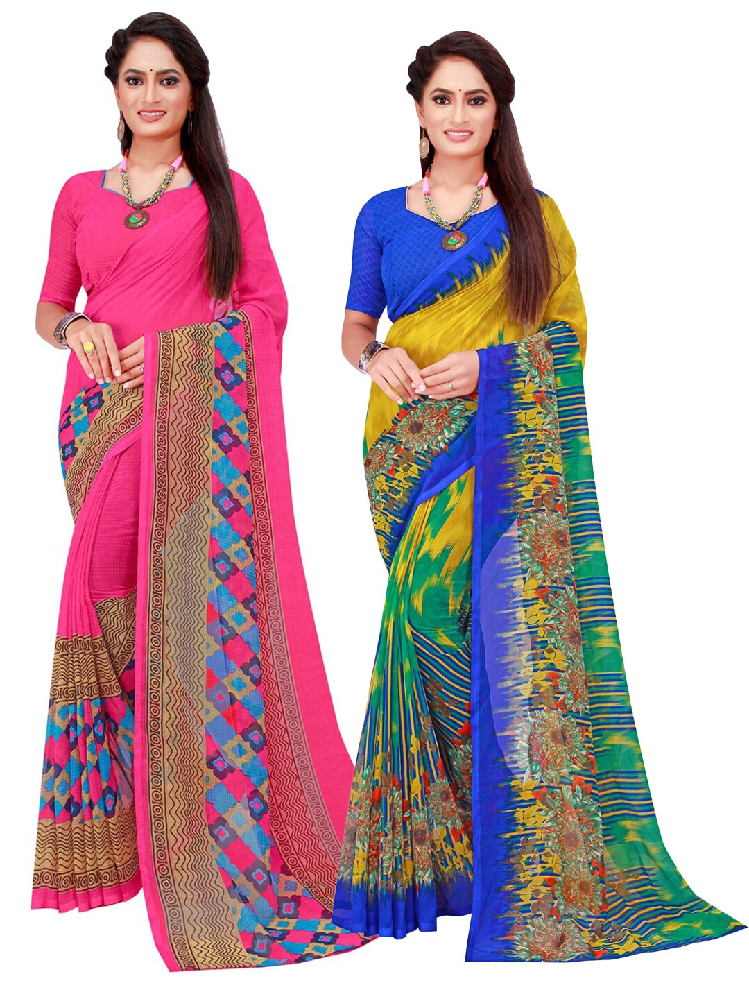 Florence Set Of 2Magenta & Yellow Floral Pure Georgette Saree, Magenta