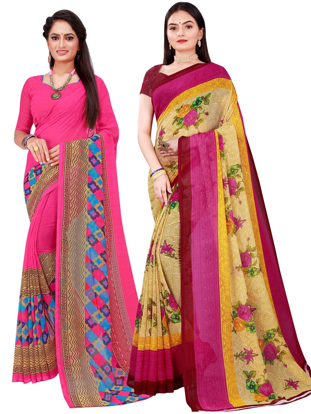Florence Pack of 2 Beige & Magenta Floral Printed Pure Georgette Saree