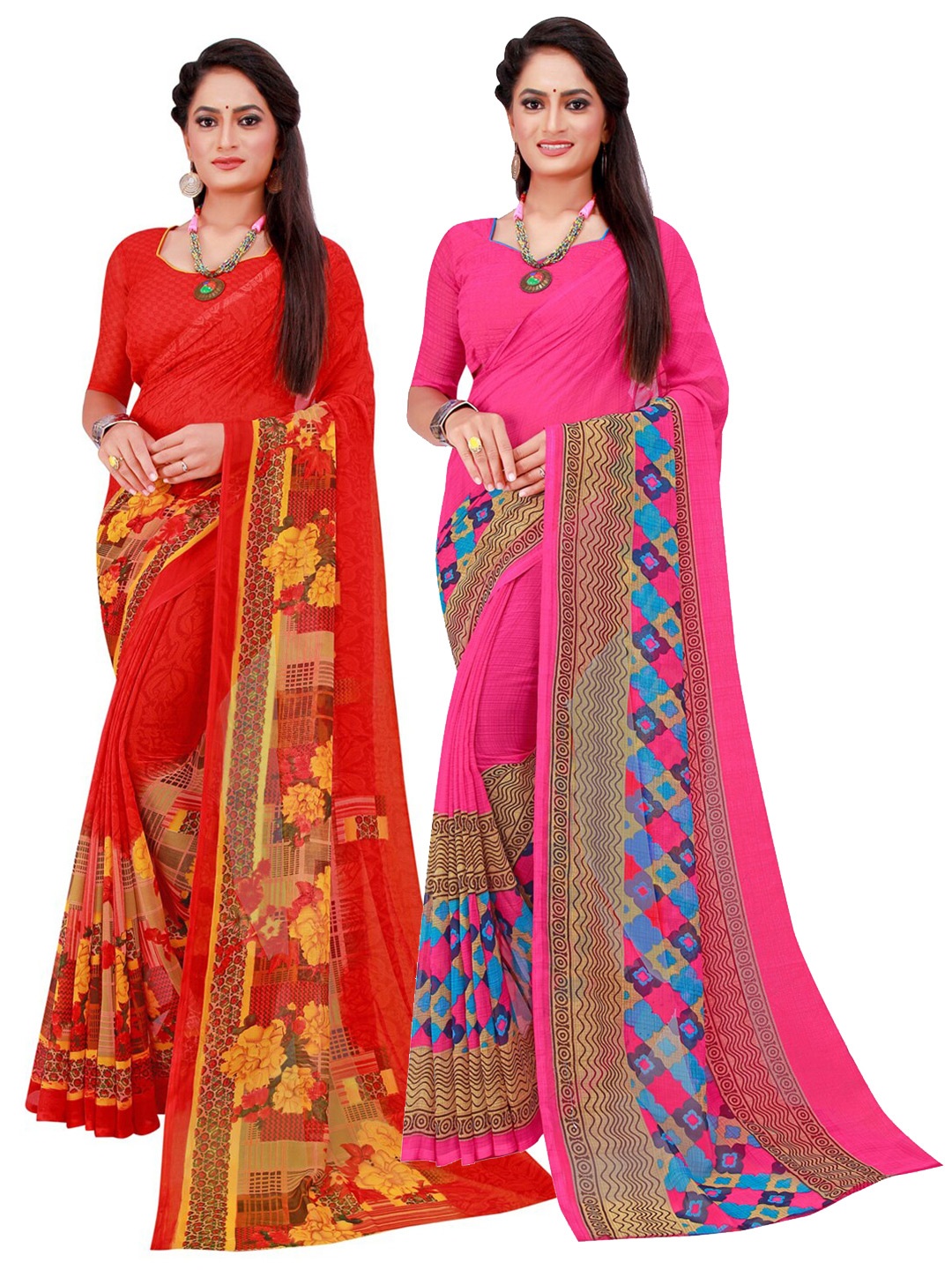 

Florence Set Of 2 Magenta & Red Floral Pure Georgette Saree