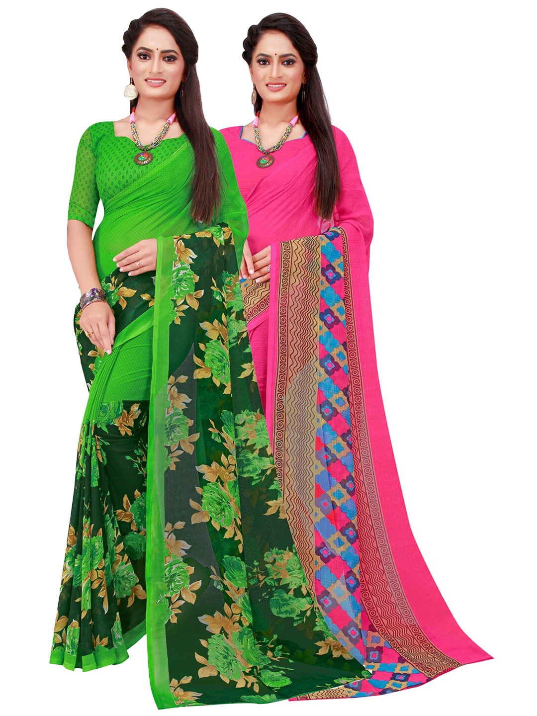 

Florence Pack Of 2 Magenta & Green Pure Georgette Saree