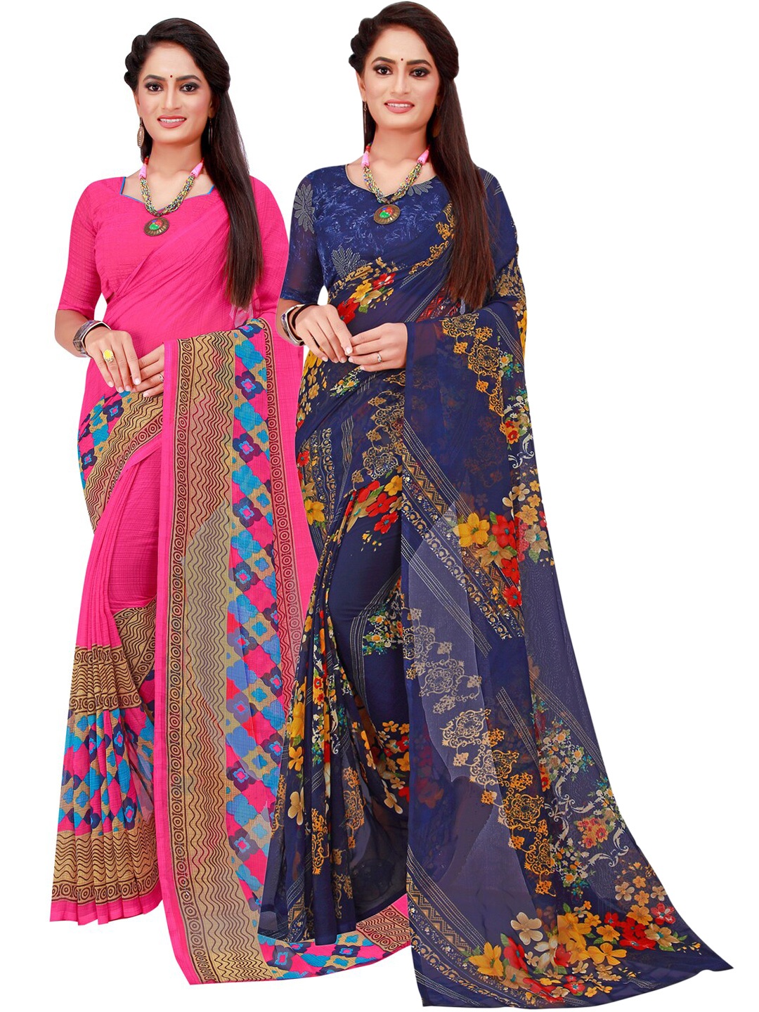 

Florence Women Navy Blue & Pink Pack of 2 Printed Pure Georgette Sarees