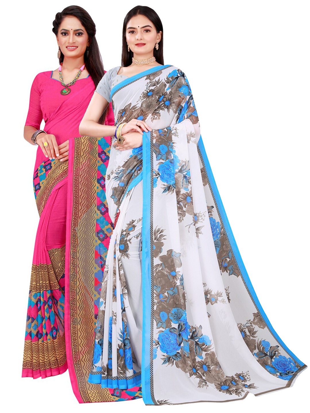 

Florence Pack of 2 Magenta & White Floral Printed Pure Georgette Saree