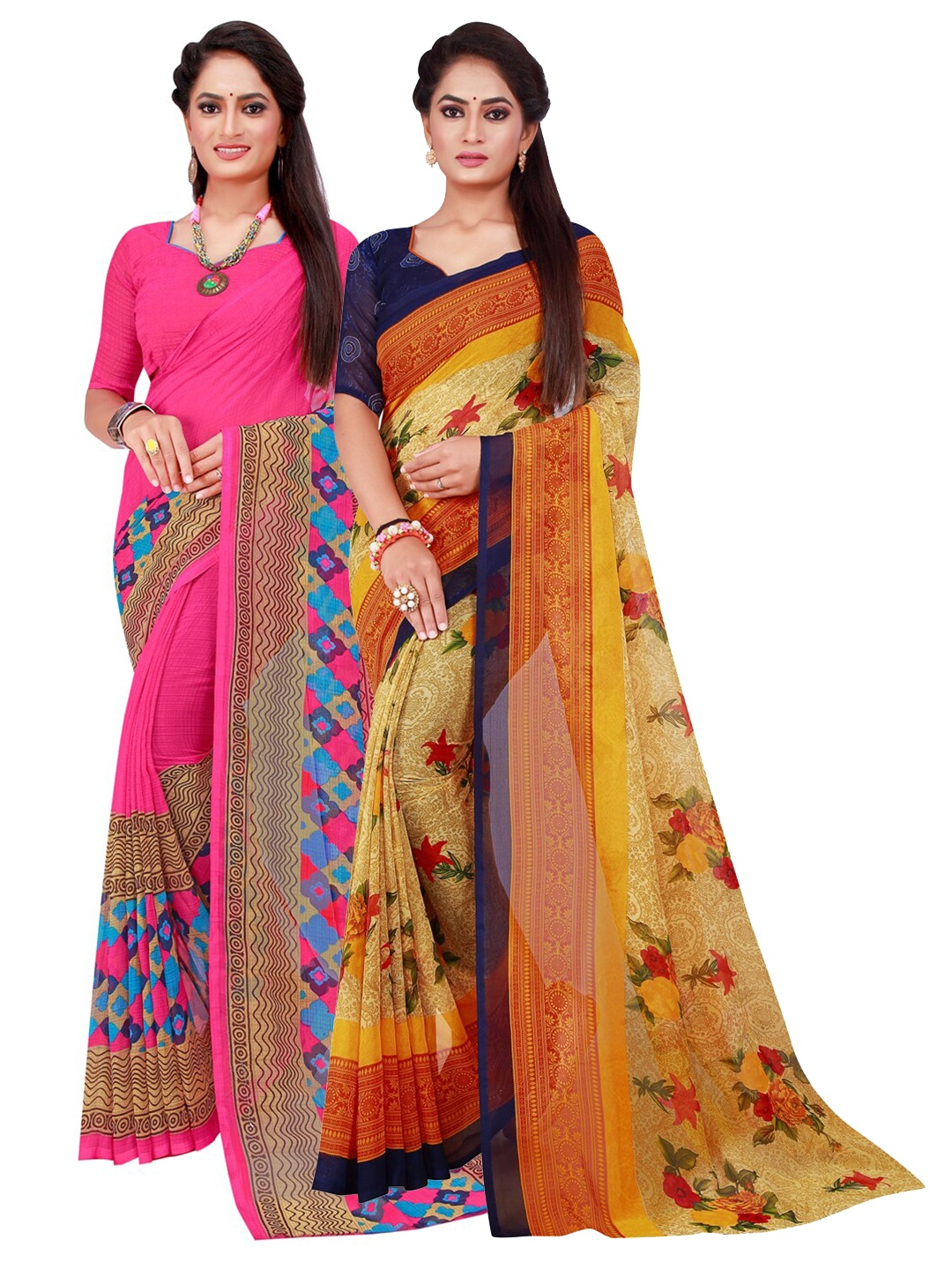 Florence Pack Of 2 Magenta & Beige Pure Georgette Saree