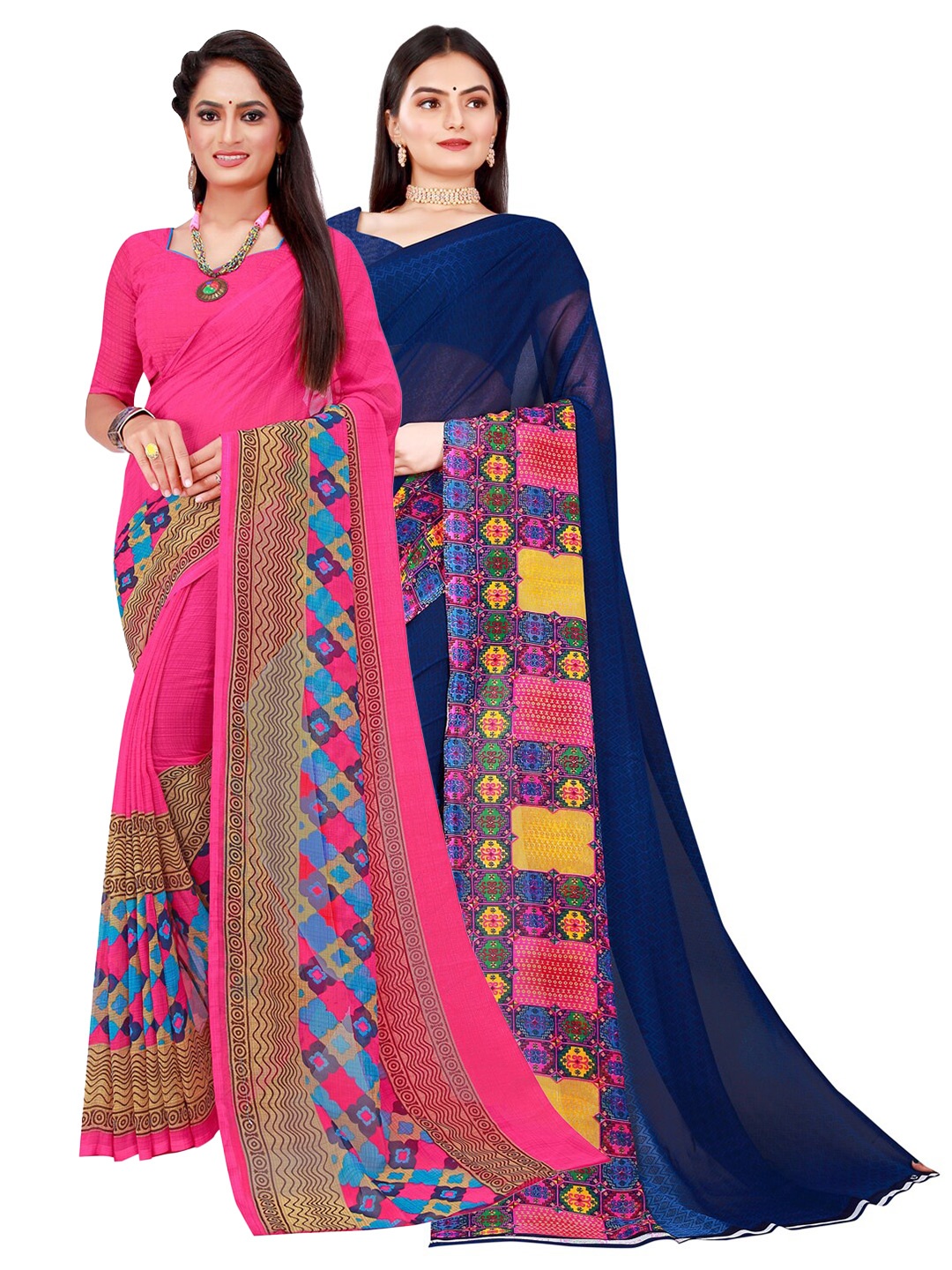 

Florence Pink & Navy Blue Pack Of 2 Printed Pure Georgette Sarees