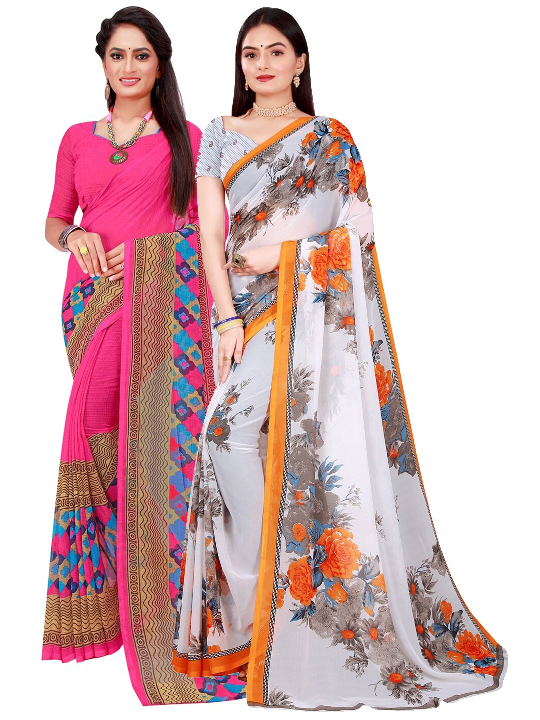 

Florence Pink & White Pack Of 2 Printed Pure Georgette Sarees