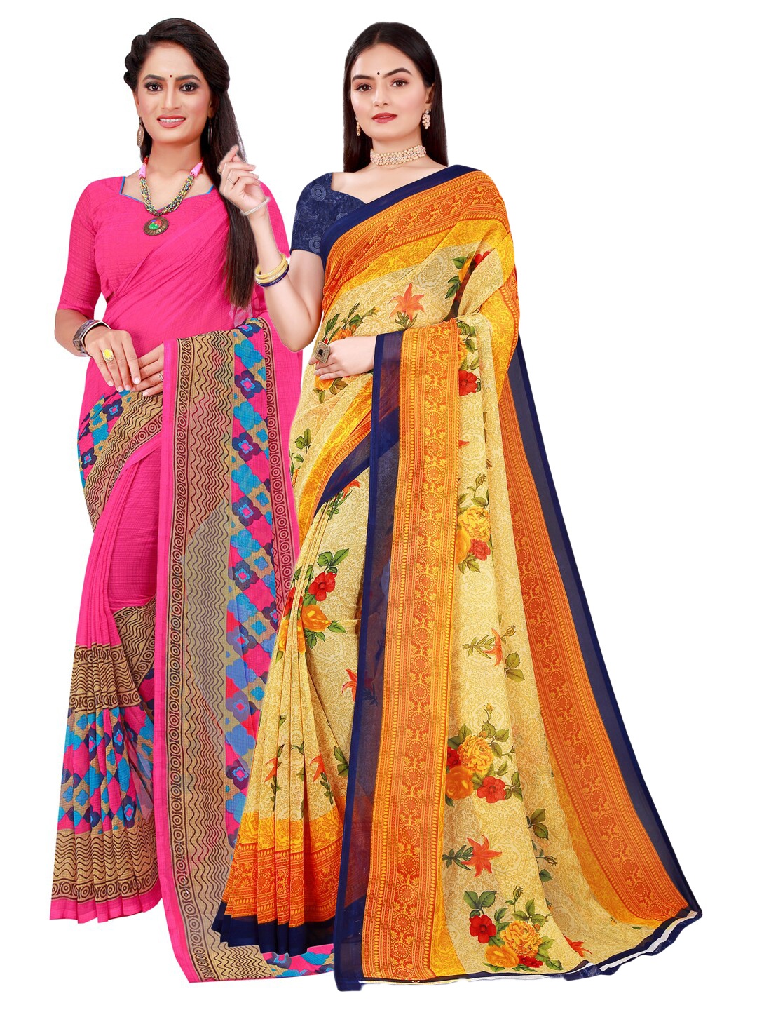 

Florence Pack of 2 Beige & Magenta Floral Pure Georgette Sarees