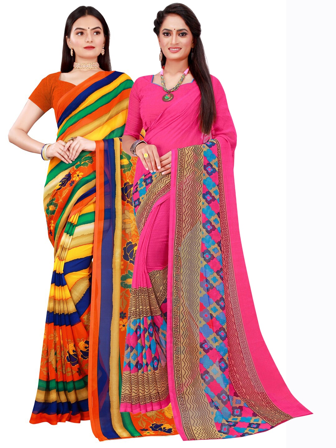 Florence Magenta & Blue Set Of 2 Pure Georgette Saree