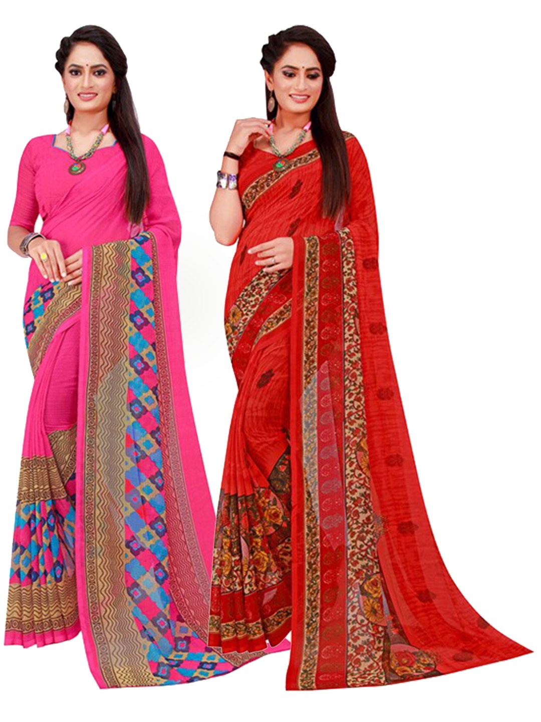 Florence Magenta & Red Set Of 2 Floral Pure Georgette Saree