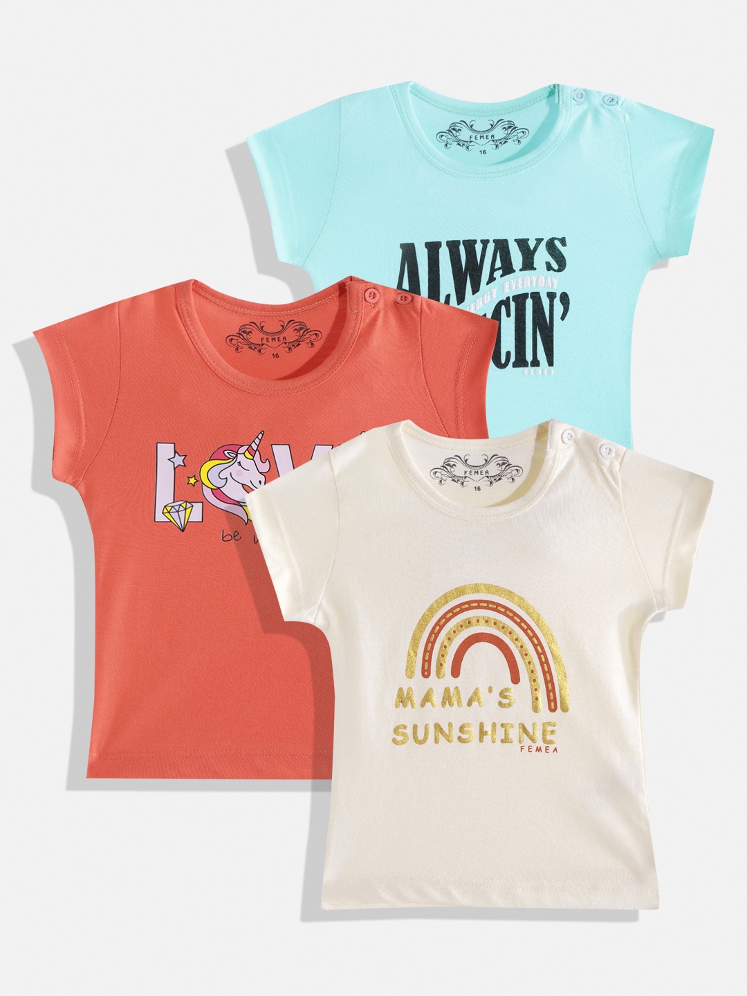

FEMEA Girls Beige & Orange Set of 3 Printed T-shirt