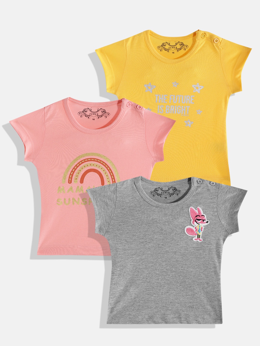 FEMEA Girls Peach-Coloured & Grey Set of 3 Printed T-shirt