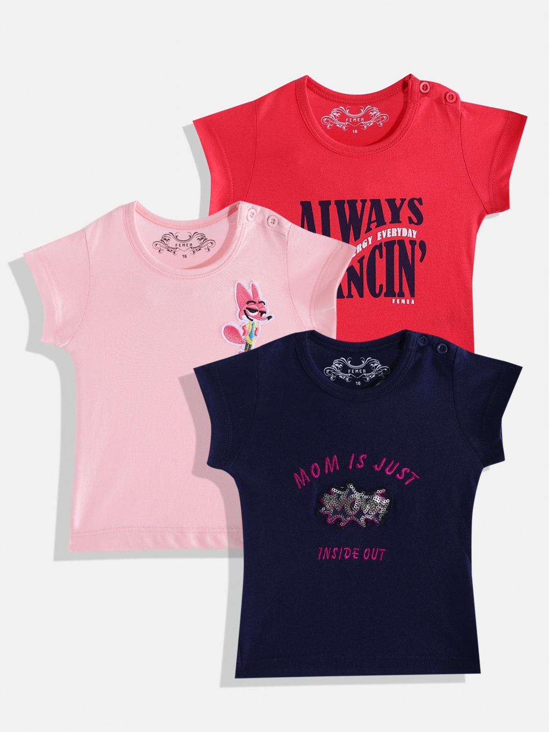 

FEMEA Girls Pink & Navy Blue Typography Set of 3 Printed T-shirt