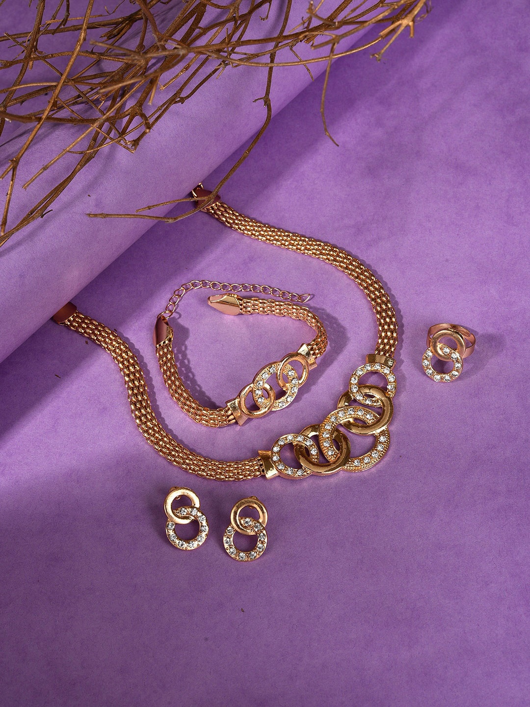 

SOHI Set of 4 Gold-Plated White Stone Studded Jewellery Set