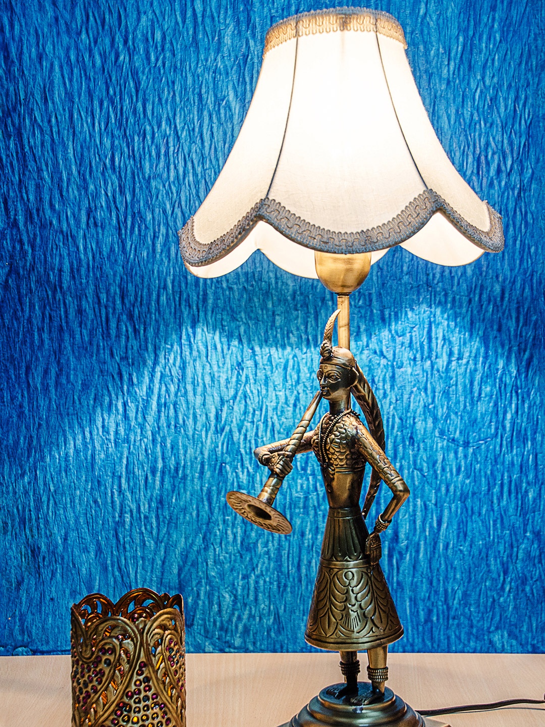 

Fos Lighitng Gold-Toned Hand Crafted Brass Bedside Standard Table Lamp, Brown