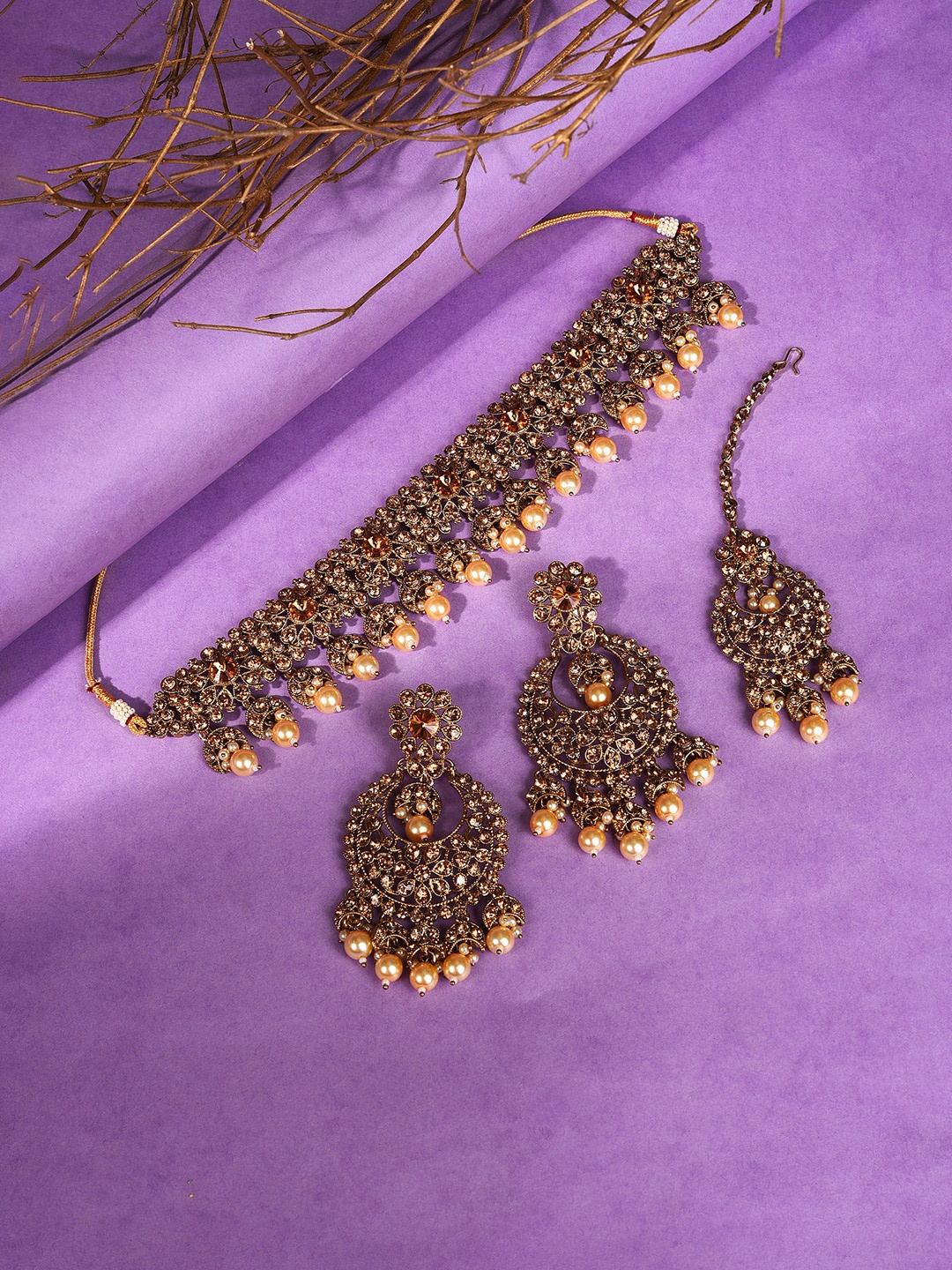 

SOHI Gold-Plated Stone Studded & Pearl Beaded Jewellery Set, Brown