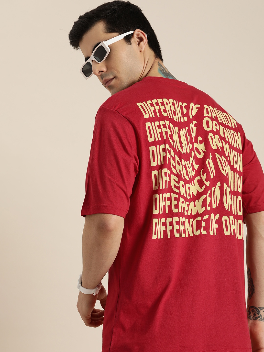 

Difference of Opinion Men Red & Yellow Typography Printed Pure Cotton Oversized T-shirt