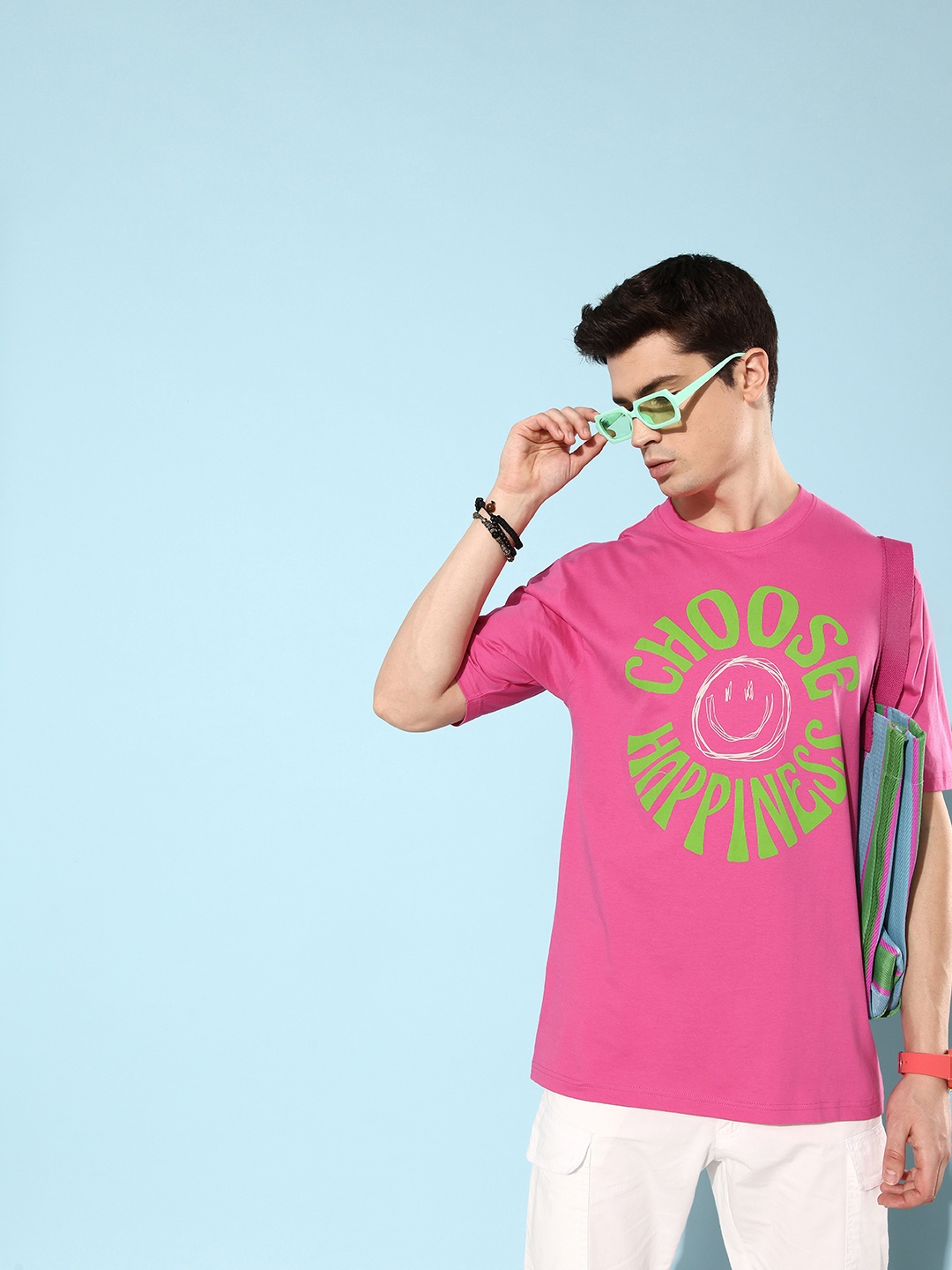 

Difference of Opinion Men Pink & Green Typography Printed Oversized Cotton T-shirt