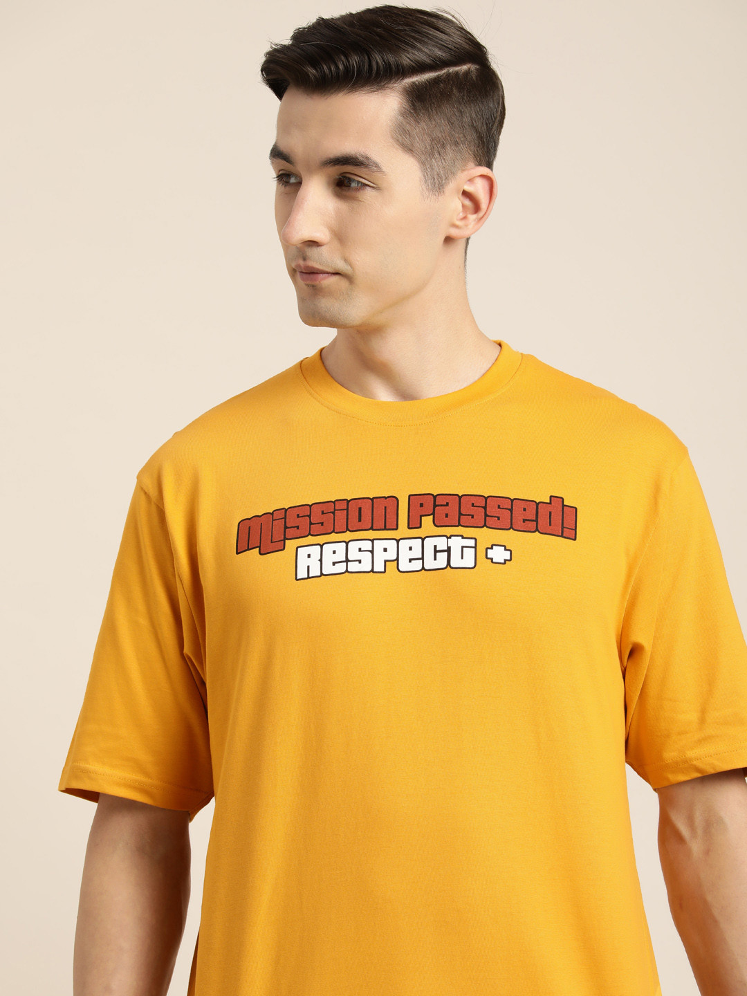 

Difference of Opinion Men Mustard Yellow & White Typography Print Oversized Cotton T-shirt