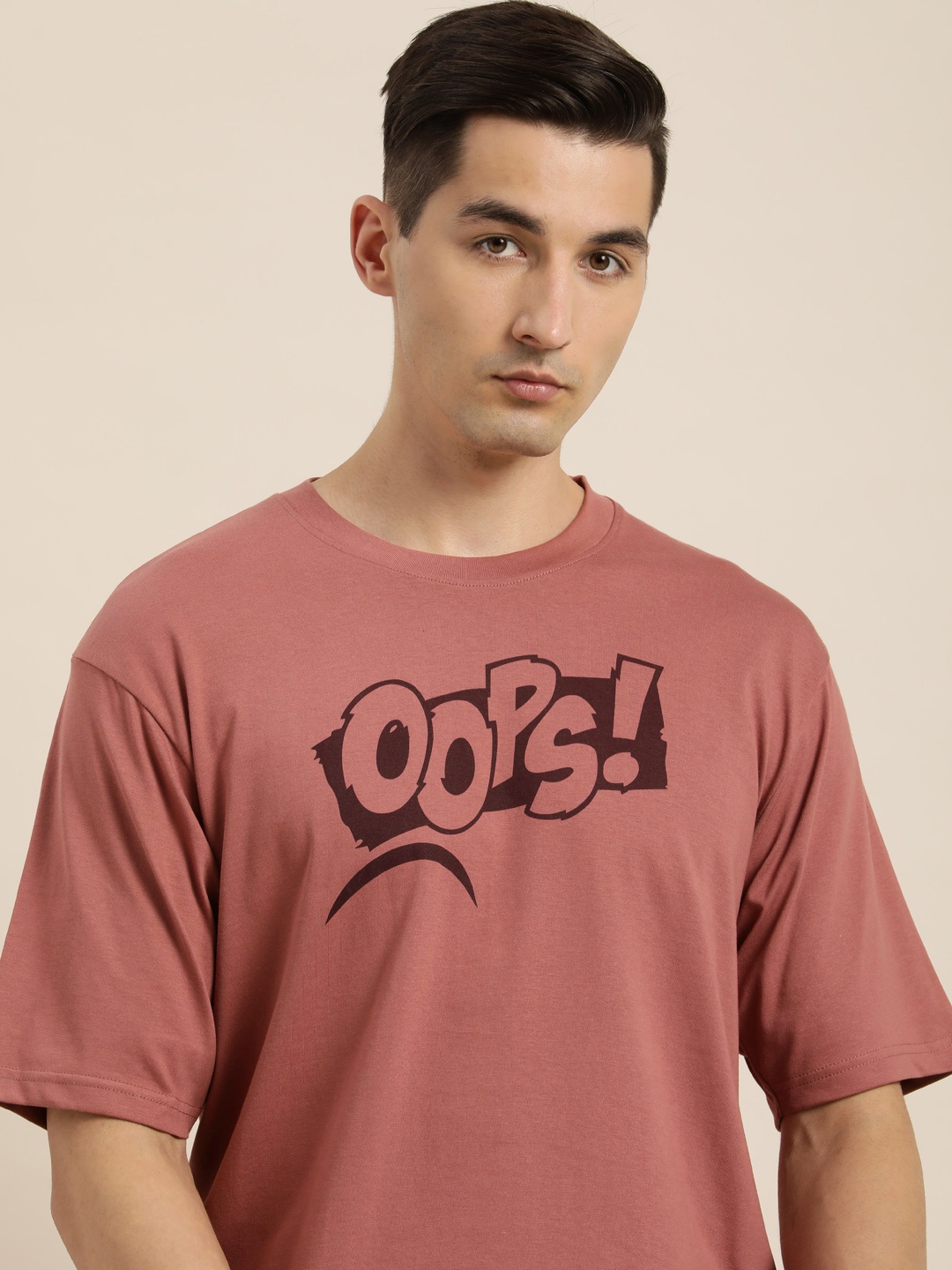 

Difference of Opinion Men Dusty Rose Pink Typography Print Oversized Cotton T-shirt