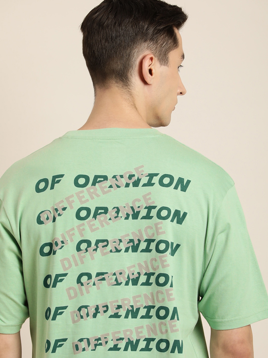 

Difference of Opinion Men Green & Grey Typography Back Print Oversized Cotton T-shirt