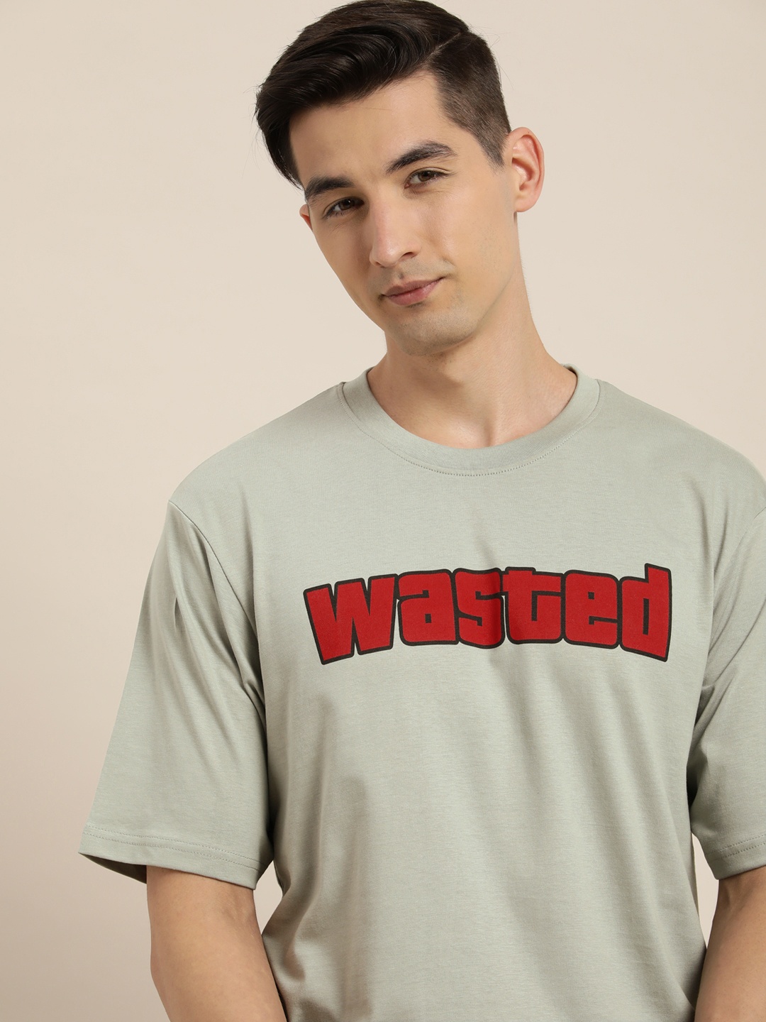 

Difference of Opinion Men Grey & Red Typography Printed Oversized Cotton T-shirt