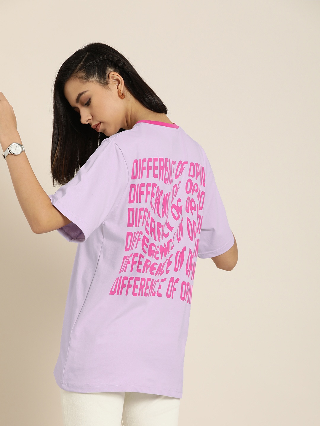 

Difference of Opinion Lavender Typography Back Printed Oversized Cotton Longline Tshirt