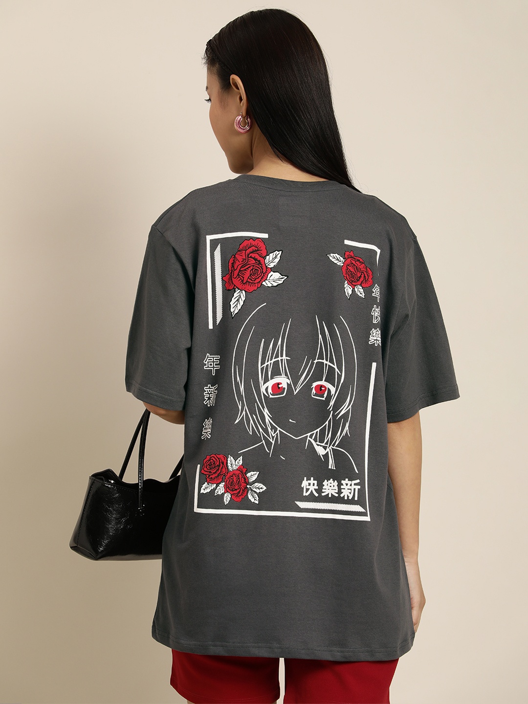 

Difference of Opinion Women Charcoal Grey & White Printed Drop-Shoulder Sleeves T-shirt
