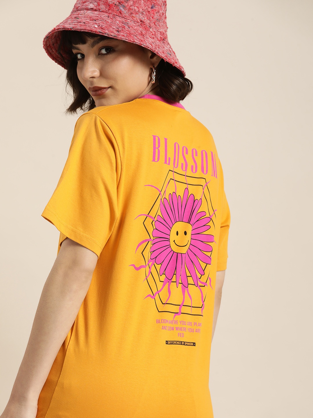

Difference of Opinion Mustard Yellow Back Graphic Print Cotton Oversized Longline T-shirt