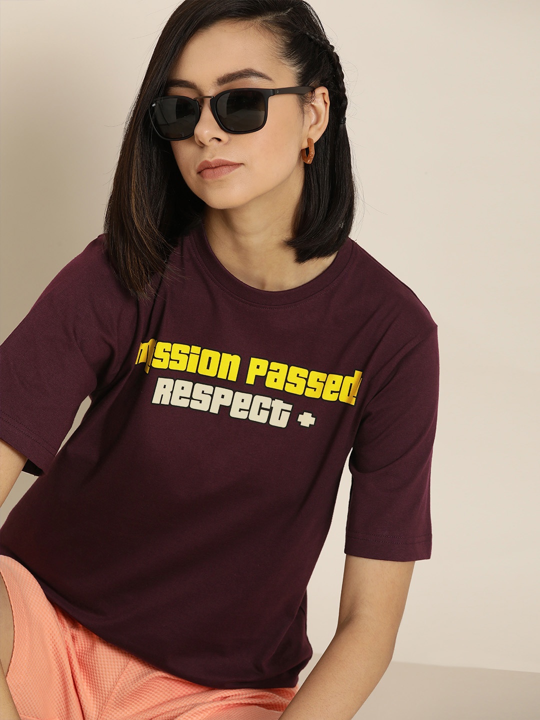 

Difference of Opinion Maroon & Yellow Typography Print Oversized Cotton Longline Tshirt