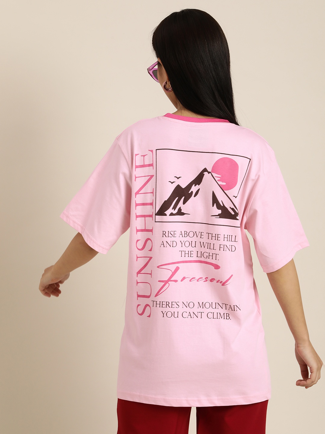 

Difference of Opinion Women Pink & Black Printed Drop-Shoulder Sleeves Pure Cotton Oversized T-shirt