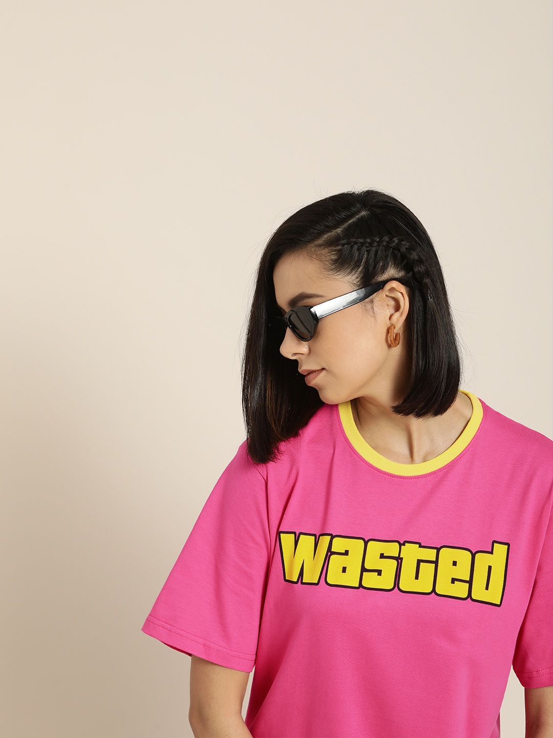 

Difference of Opinion Pink & Yellow Typography Print Oversized Cotton Longline T-shirt