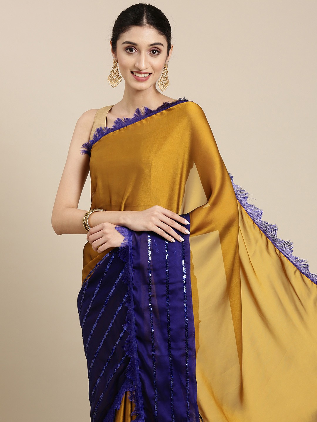 

PERFECTBLUE Mustard Brown & Blue Sequinned Half & Half Saree