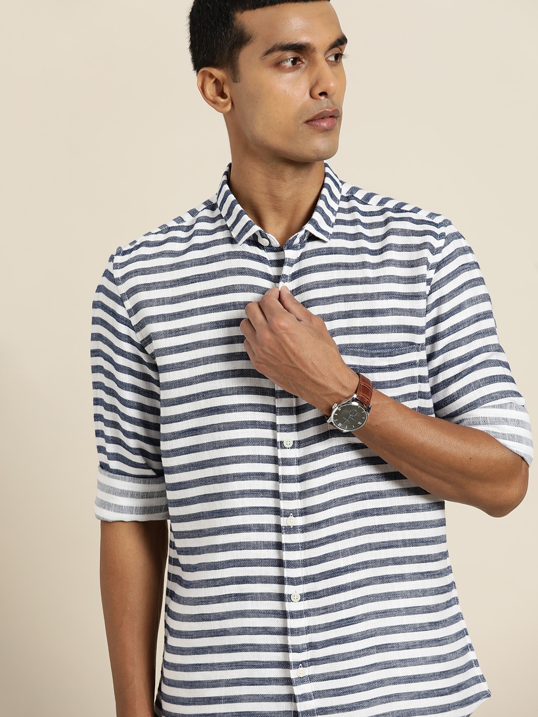 

ether Men Navy Blue Horizontal Striped Pure Cotton Casual Shirt