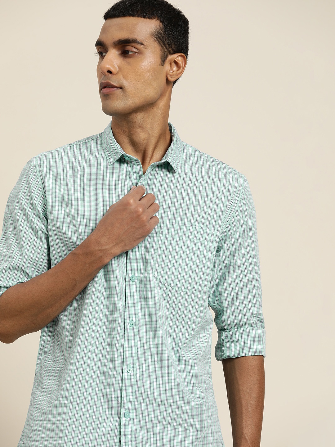 

ether Men Sea Green & White Grid Tattersall Checked Pure Cotton Casual Shirt
