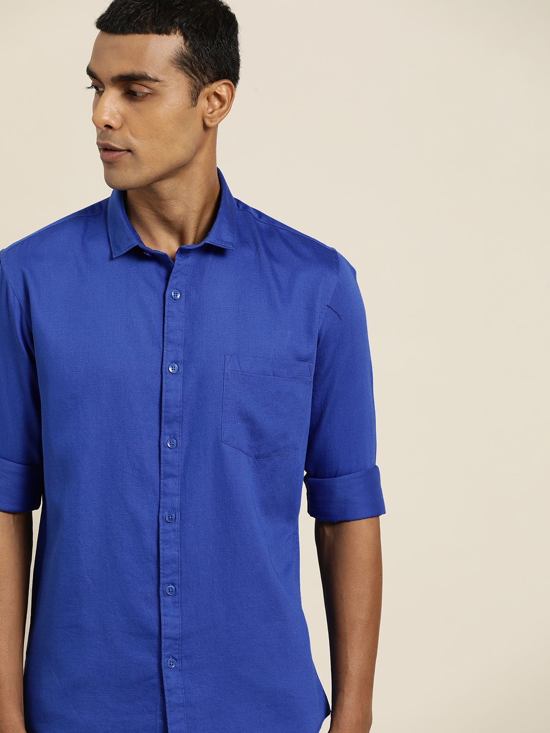 

ether Men Blue Solid Casual Pure Cotton Shirt