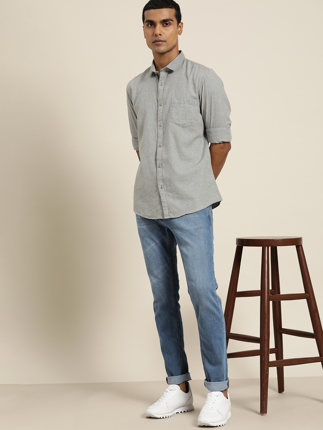 

ether Men Grey Melange Solid Casual Pure Cotton Shirt