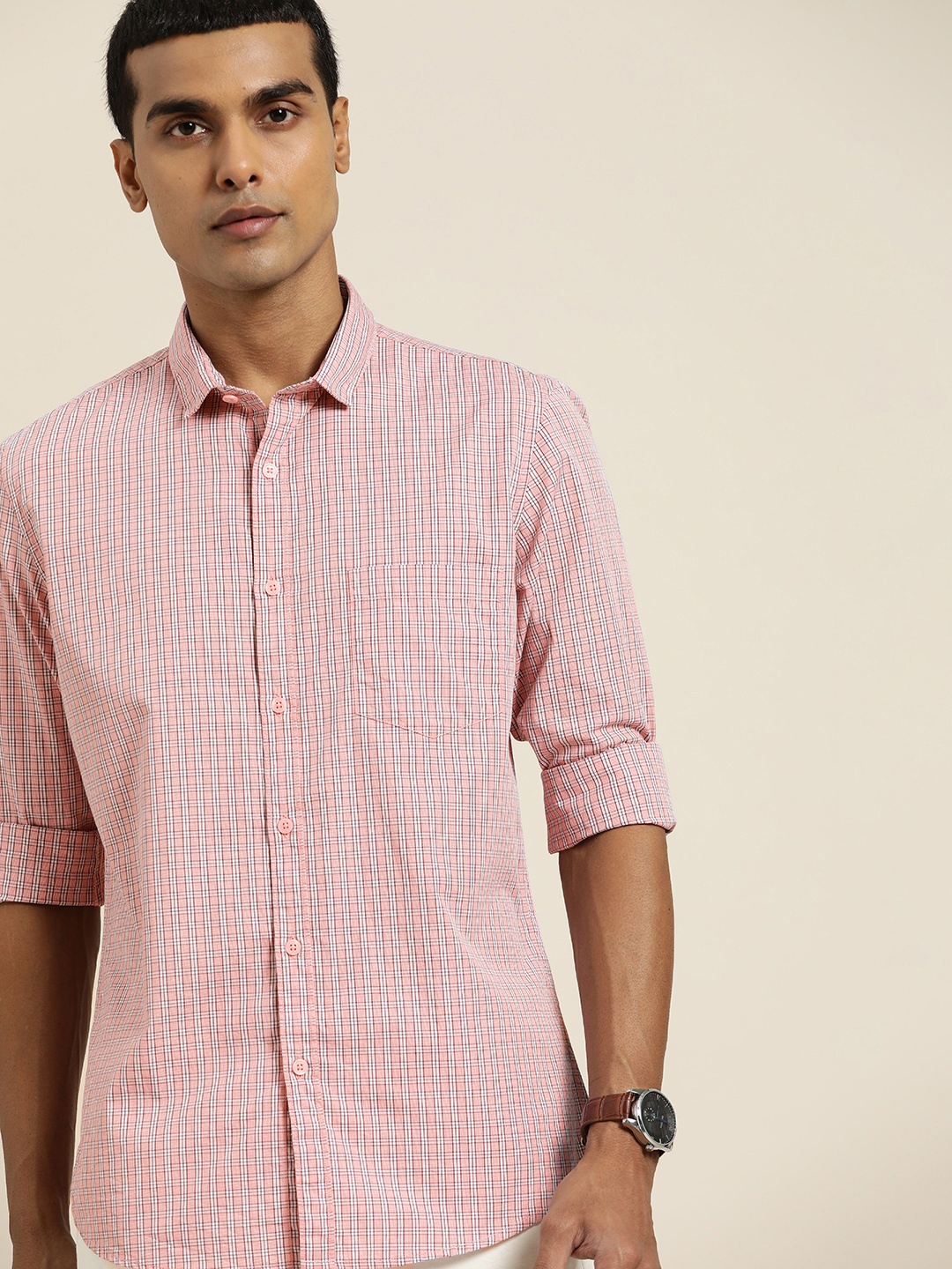 

ether Men Pink Grid Tattersall Checked Pure Cotton Casual Shirt