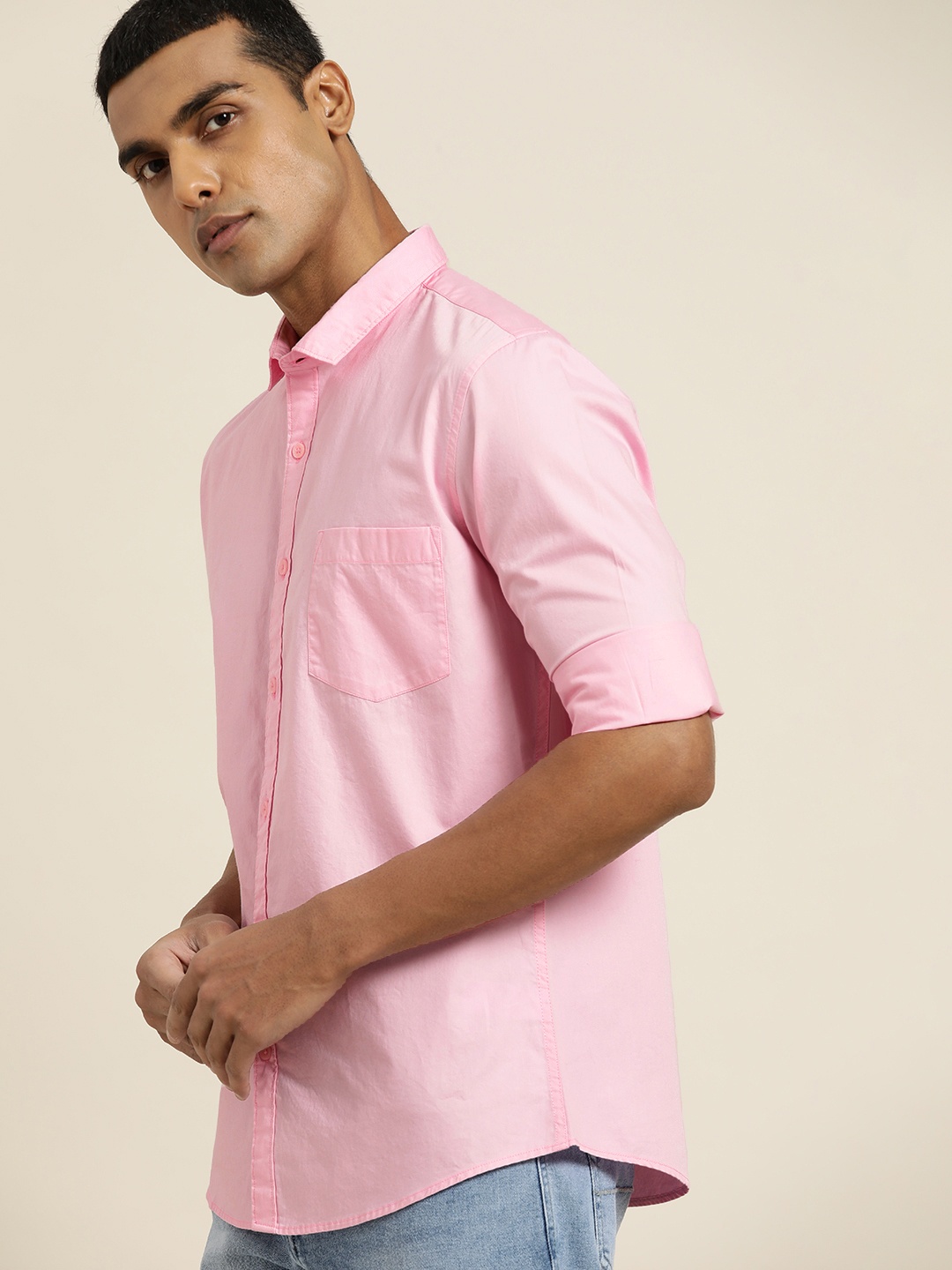 

ether Men Pink Solid Casual Pure Cotton Shirt