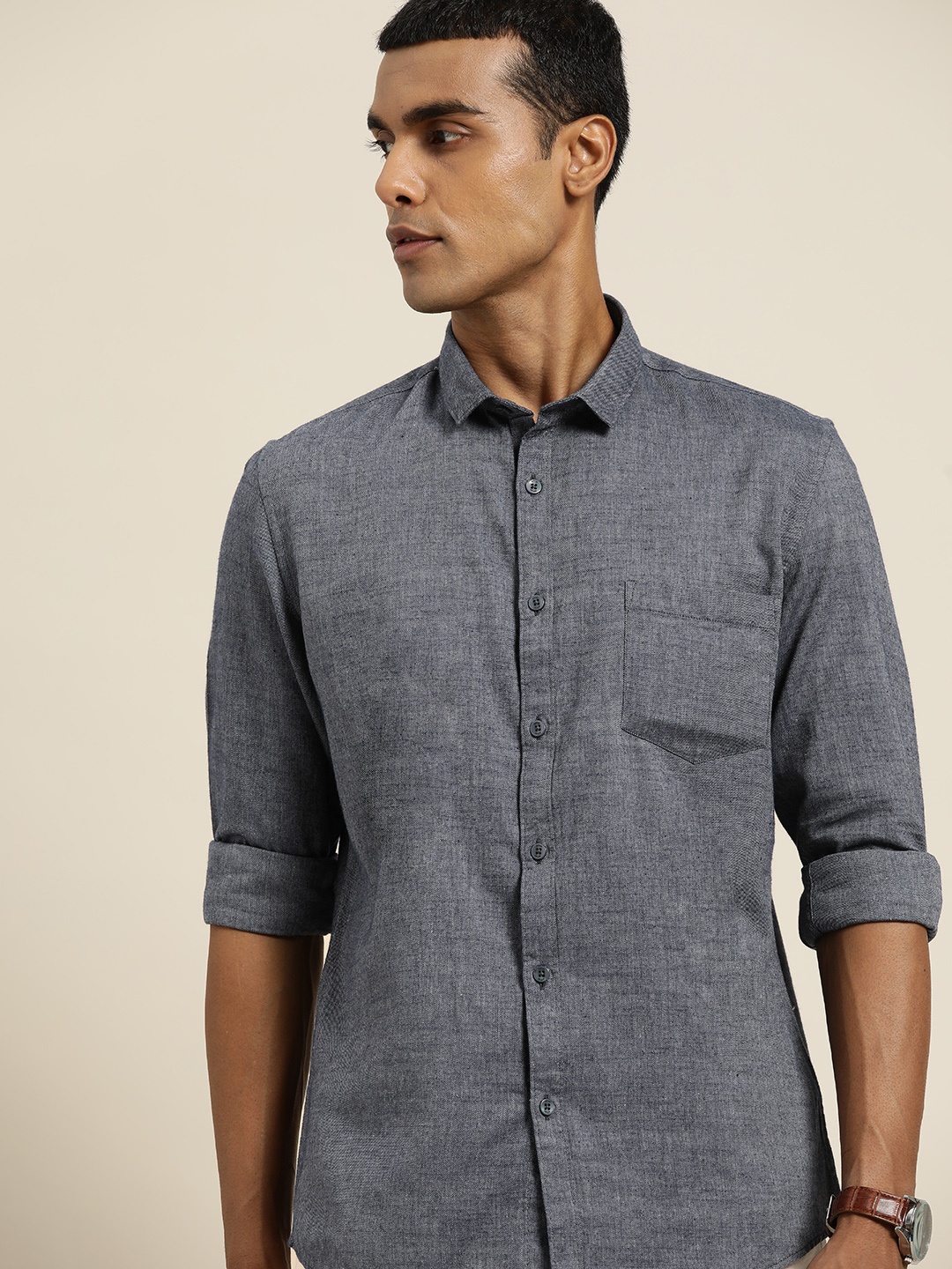 

ether Men Grey Melange Solid Pure Cotton Casual Shirt