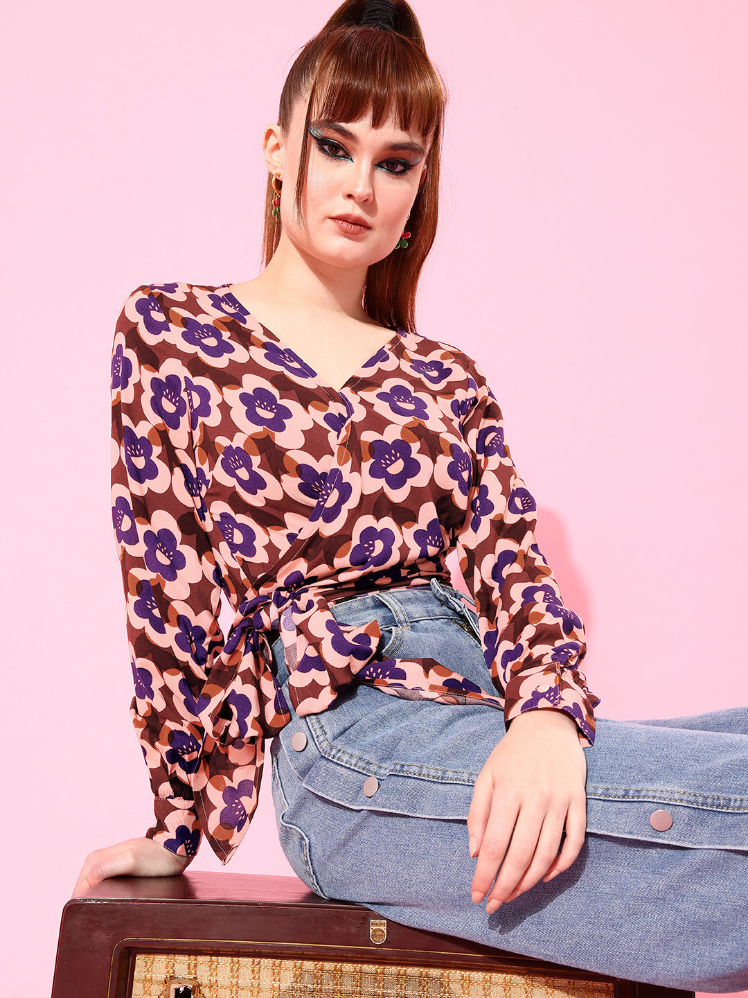 

People Brown Floral Twist & Knot Top