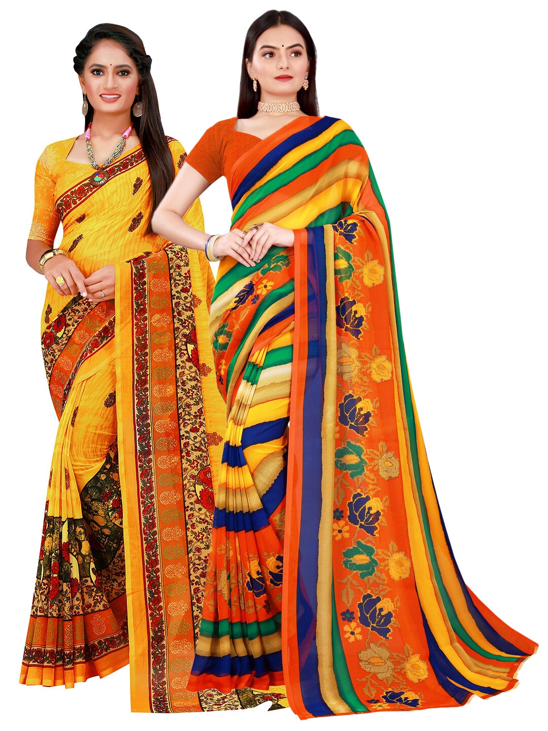 

Florence Set Of 2 Yellow & Blue Floral Pure Georgette Saree