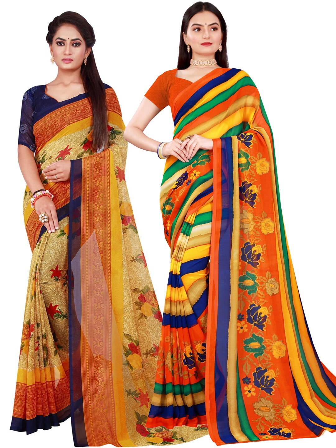 

Florence Blue & Yellow Pure Georgette Saree