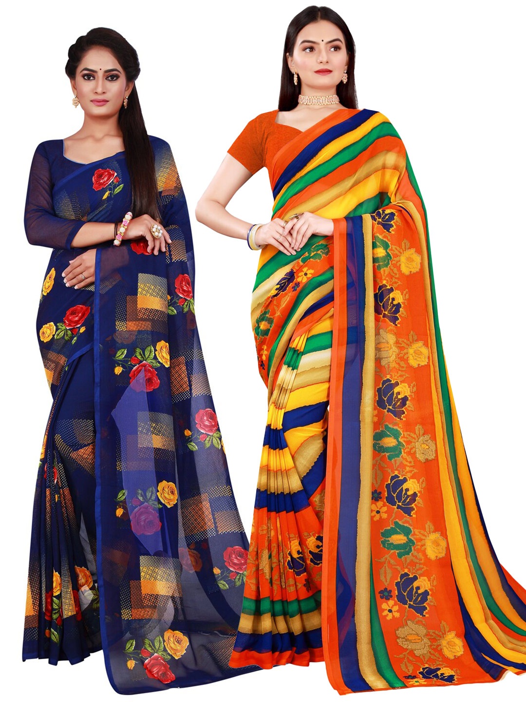 

Florence Set Of 2 Multicoloured Floral Pure Georgette Saree, Multi