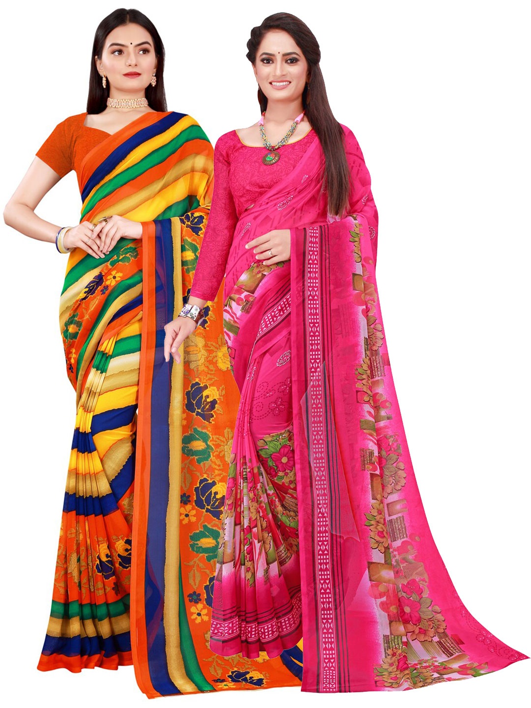 

Florence Pink & Yellow Set of 2 Printed Pure Georgette Saree