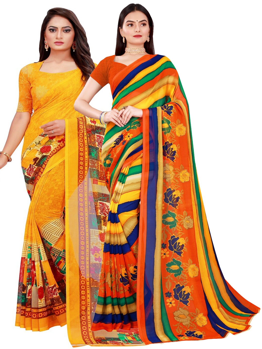 

Florence Yellow & Blue Pack of 2 Printed Pure Georgette Saree