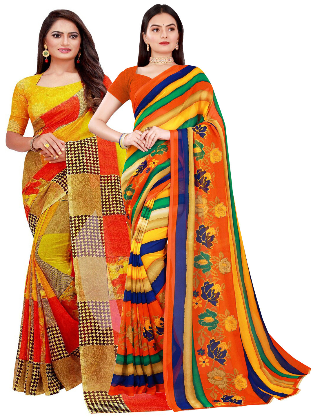 

Florence Yellow & Blue Set Of 2 Pure Georgette Saree