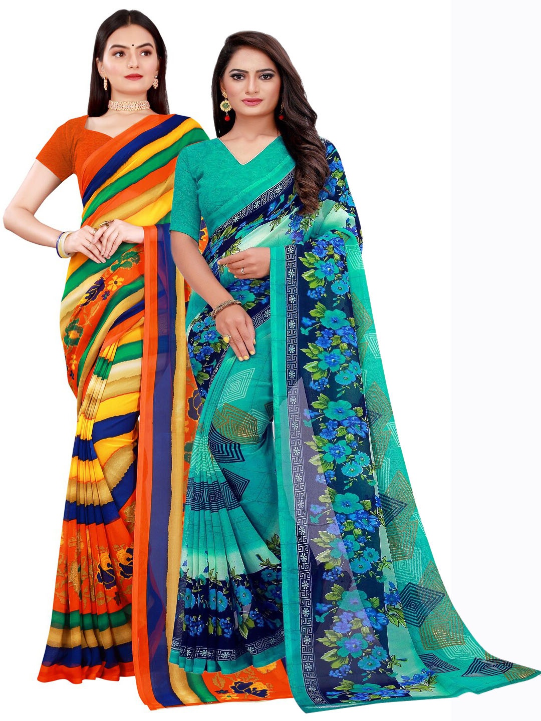 

Florence Pack Of 2 Green & Yellow Printed Pure Georgette Saree