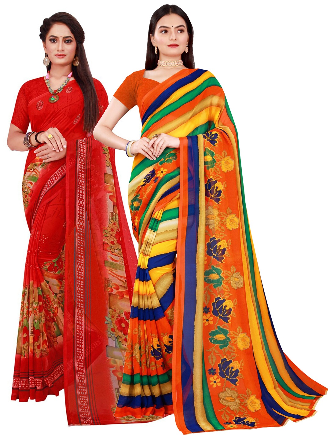 

Florence Red & Yellow Pure Georgette Saree